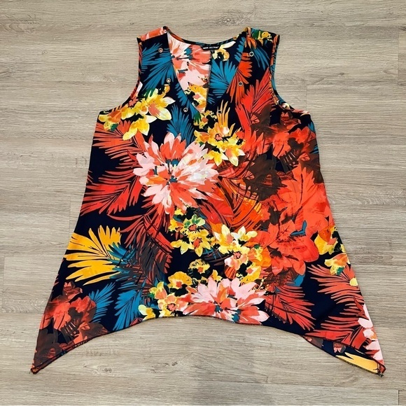 Unique Spectrum Tropical Floral Tunic Tank Shark Bite Hem Grommet V-Neck Boho 1X - Picture 1 of 8